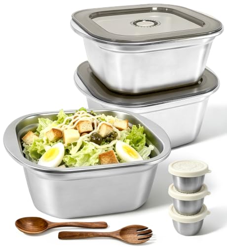 Stainless Steel Salad Bowl Kit with Leak-Proof Dressing Cups - 74oz