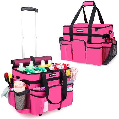 Large Rolling Cleaning Caddy Bag with Wheels & Detachable Trolley - Water Resistant Organizer for Housekeeping, Car, Kitchen, Picnic - Rose-Red