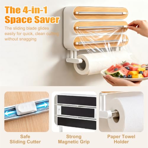 4 in 1 Plastic Wrap Dispenser with Cutter - Kitchen Organizer & Food Wrap Holder