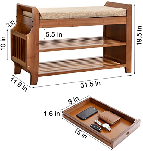 Petkaboo 31.5-Inch Bamboo Shoe Bench with Hidden Drawer & Side Holder