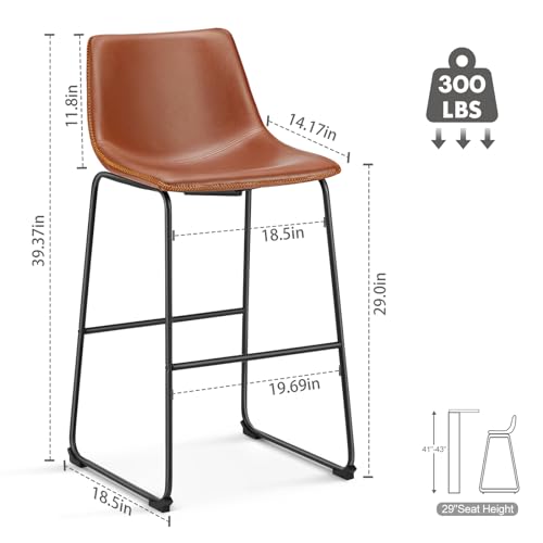 Counter Height Bar Stools Set of 2 - Brown Faux Leather with Metal Legs