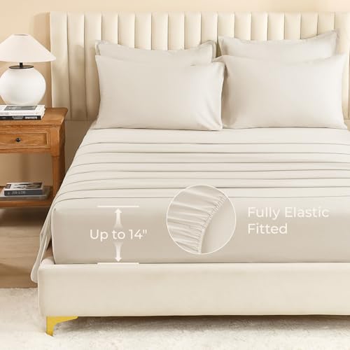 Litanika Oversized King Comforter Set with Sheets Beige - 7 Pieces Bed in a Bag, 120x98 Inches