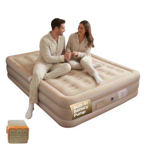 JEASONG Queen Air Mattress with Built-in Pump, 16-Inch Inflatable Bed with Flocked Surface for Camping & Home