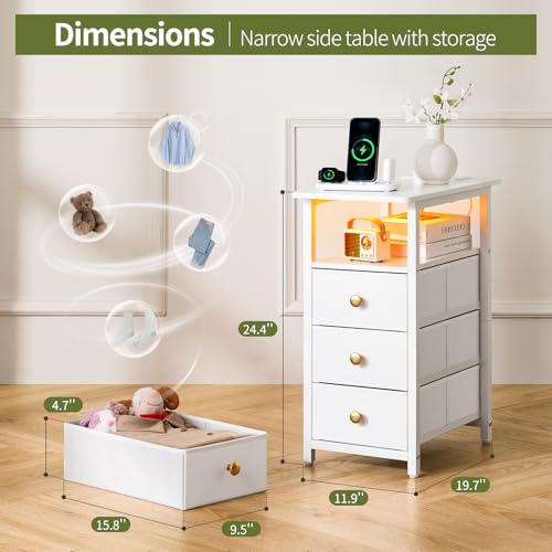 Yoobure White End Table with Charging Station & 3 Fabric Drawers - Slim Nightstand for Small Spaces