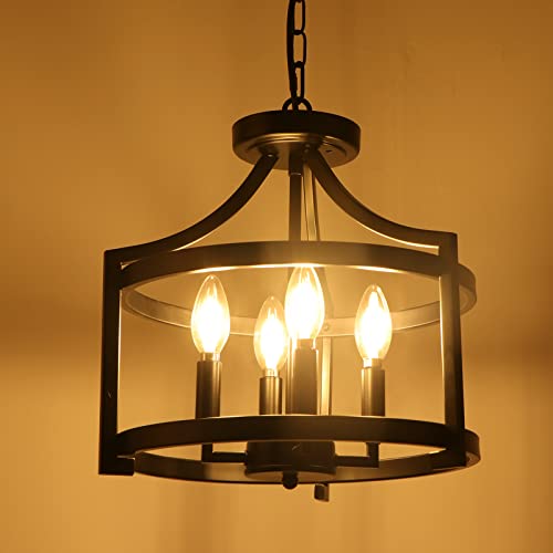 4-Light Farmhouse Chandelier Black Semi Flush Mount Ceiling Light - Adjustable Height, Rustic Style