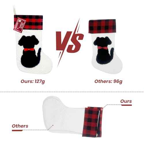 Dog Christmas Stocking Dual-Layer, 20 inch Dog Stocking Single, Pet Christmas Stockings with 3D Black Doggy, Large Animal Buffalo Red Plaid Xmas Stockings for Dogs Family Decorations