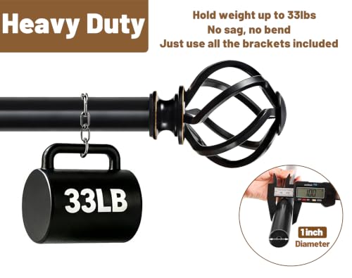KAMANINA Black Curtain Rod - Extendable 32-144 Inch for Windows - Heavy Duty Drapery Rods with Finials