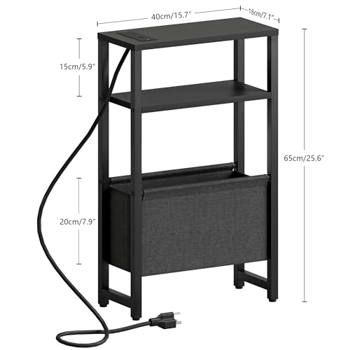 IRCPEN Black Narrow Side Table with Charging Station & Magazine Rack, 3-Tier Nightstand for Small Spaces