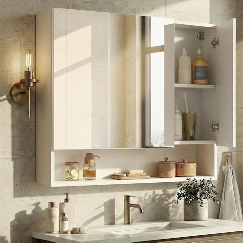 VASAGLE Medicine Cabinet Mirror with Storage - Cloud White, 35.4W with Mirror