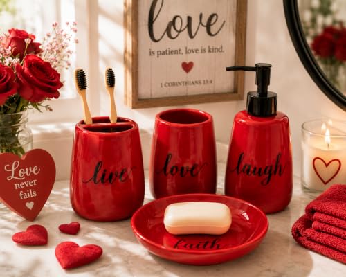 Red Ceramic Bathroom Accessories Set - 4 Piece Farmhouse Decor, Soap Dispenser, Toothbrush Holder, Tumbler & Soap Dish