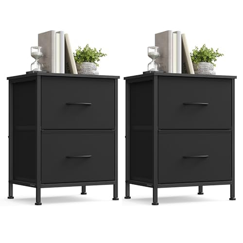 Nightstand with 2 Fabric Drawers - Bedside End Table, Black, 2 Pack