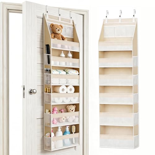 Beige Over The Door Organizer with 6 Large Pockets & 13 Mesh Side Pockets