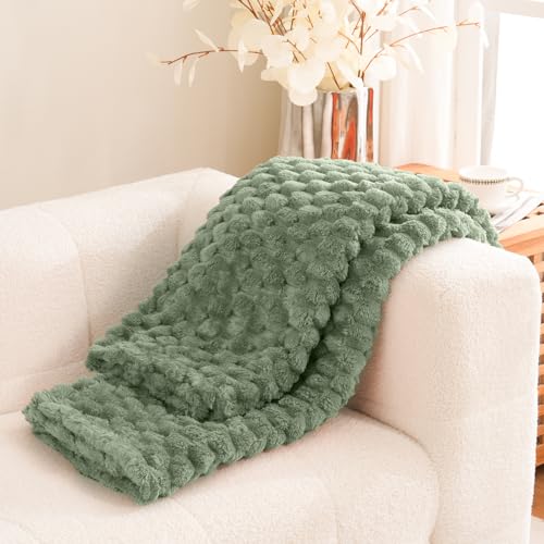Excervent Flannel Fleece Throw Blanket(40x50 inches)for kids and pets, Big 3D Clouds Stylish Hexagon Jacquard Decorative Fuzzy Blankets for Household, Camping, and Travel, Super Soft Cozy, Sage Green