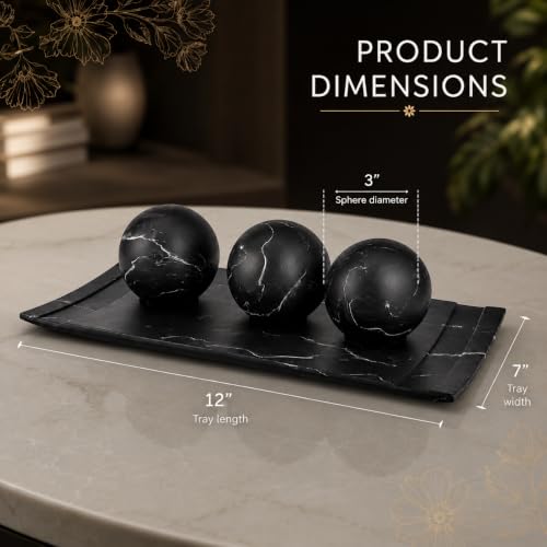 Black Marble Look Home Decor Bowl and Orb Set - Coffee Table Centerpiece, Living Room Accent - Matte Finish