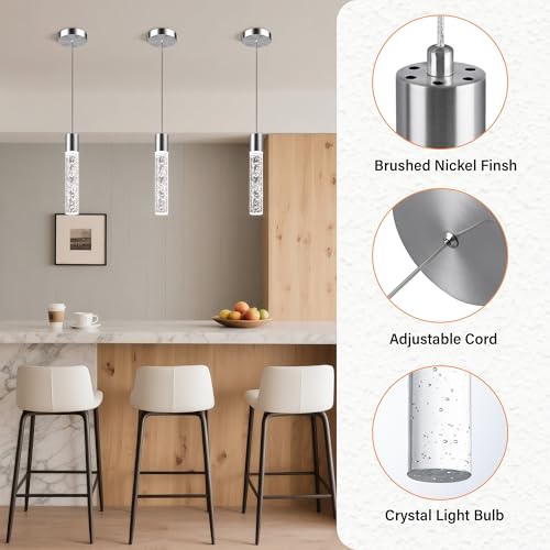 Esfos Nickel Cylindrical 3-Pack Pendant Lights for Kitchen Island, Modern Crystal Bubble Design, Adjustable LED Ceiling Fixture
