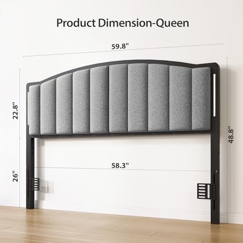 Queen Upholstered Tufted Headboard with Lights - Grey, Modern Design, Adjustable Support