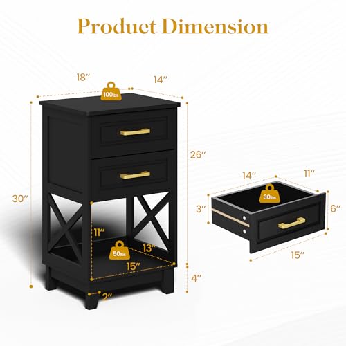 May in Color Nightstand Set of 2 with Open Shelf and Drawers, 30-Inch Tall Bedroom End Tables (Black, 18"Lx14"Wx30"H)