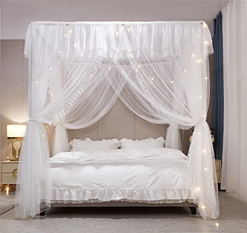 VETHIN White Double Layer Princess Bed Canopy Curtain for Queen Size Bed 59"W x 82"L
