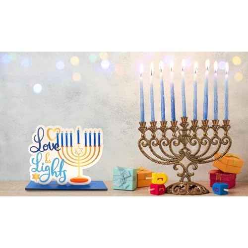3PCS Hanukkah Table Decorations Decor, Wooden Chanukkah Table Centerpiece Set Dreidel Star of David Candle Menorah Blue Centerpieces Table Decorations for Home Party Jewish Christmas Chanukah Decor