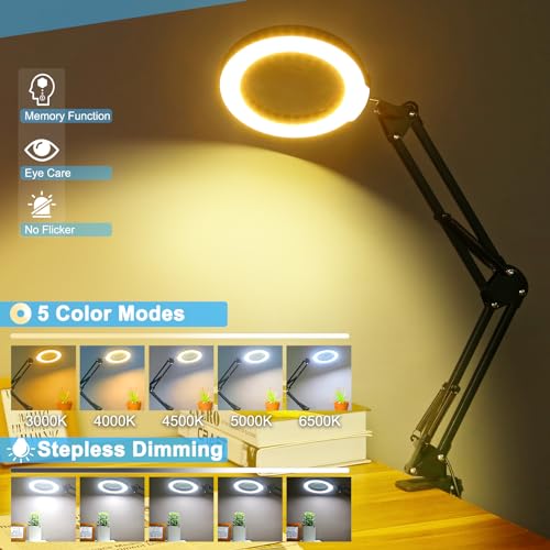 Black 10X Magnifying Glass with Light and Clamp - Stepless Dimmable LED Desk Lamp for Crafts, Reading, Jewelry, Sewing