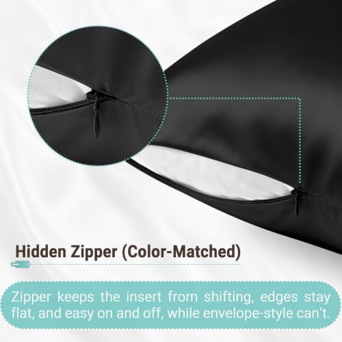 Mulberry Silk Pillowcases Set of 2 King Size 20x36 Black - Hidden Zipper, Organic Silk for Hair & Skin