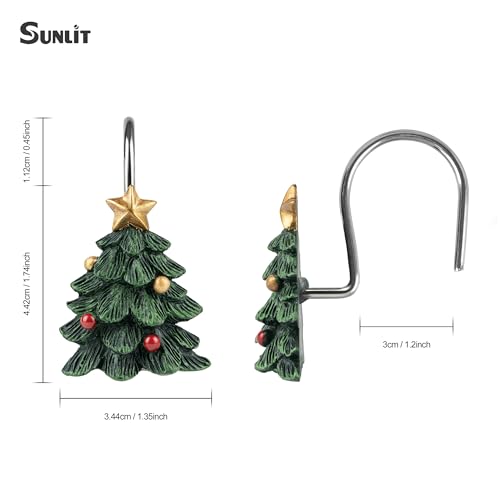 Christmas Tree Shower Curtain Hooks Set of 12 with Star - Holiday Bathroom Decor