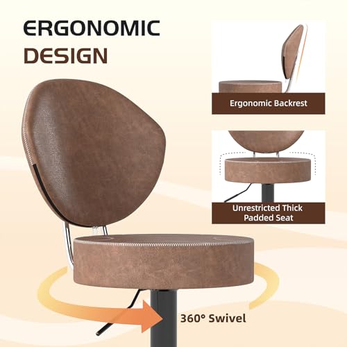 Ermnois Set of 2 Adjustable Brown Suede-Like Leather Swivel Bar Stools