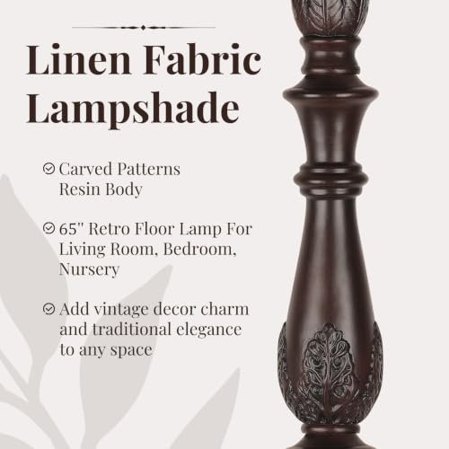 Dark Brown Vintage Floor Lamp with Linen Shade - Antique Tall Standing Lamp for Living Room & Bedroom