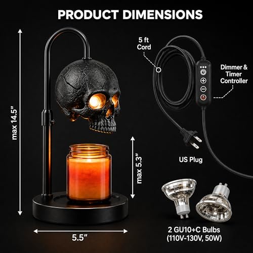 Gothic Skull Candle Warmer Lamp with Dimmer & Timer – Black Halloween Decor