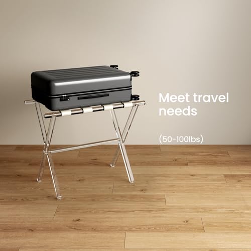 Foldable Acrylic Luggage Rack with Leather Straps for Guest Room - Beige, 1 Pack