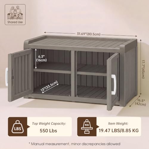 Outdoor Shoe Storage Cabinet Waterproof Resin Bench with 2 Doors & Adjustable Shelves