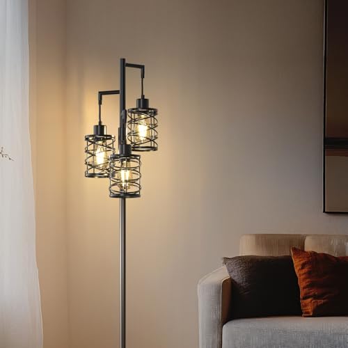 70-Inch Black Industrial Floor Lamp with 3 Dimmable Bulbs & Stepless Brightness