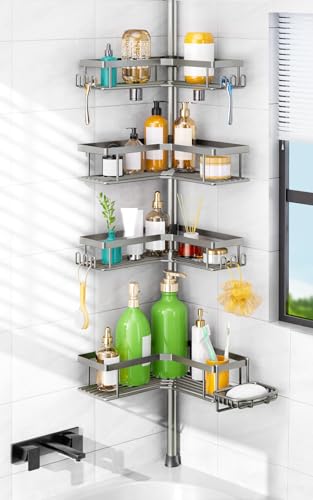 HAMITOR Silver Gray 4-Tier L-Shaped Corner Shower Organizer Tension Pole