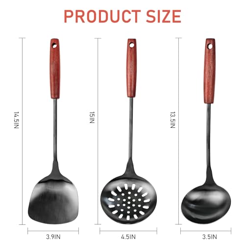 FJNATINH 3-Piece Black Stainless Steel Wok Spatula and Ladle Set, 17-inch Kitchen Utensils