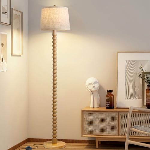 Ruiever Wooden Floor Lamp with 3 Color Changing Bulb - Farmhouse Tall Standing Lamp with Linen Shade, Real Wood Finish, for Living Room & Bedroom