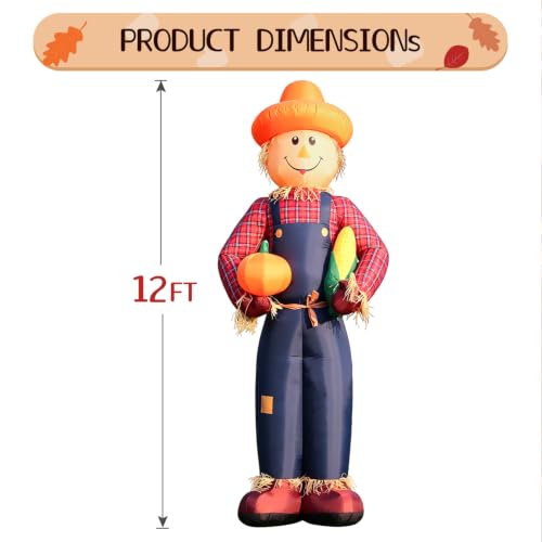 DomKom 12FT Fall Inflatable Scarecrow with LED Lights, Harvest Thanksgiving Yard Decor