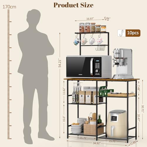 3IngSeagulls Rustic Brown 6-Tier Kitchen Baker's Rack with Adjustable Shelves & Hooks