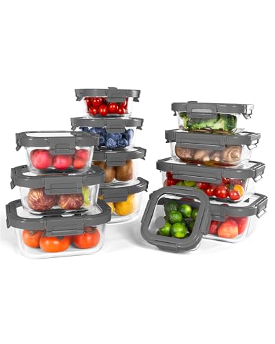 12-Pack Borosilicate Glass Food Storage Containers with Tempered Lids - Multi-Size, Oven & Dishwasher Safe, Airtight - Gray (Variation: Tempered Lids Gray / 12 Mixed Sizes)