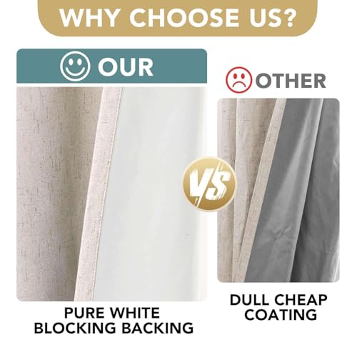 Natural 52x90 Inch Blackout Linen Curtains - Pack of 2, 100% Light Blocking, Noise Reducing Window Drapes
