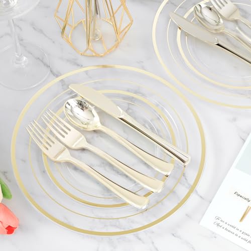 Clear Gold Plastic Dinnerware Set for 100 Guests - Disposable Plates, Cutlery & Spoons