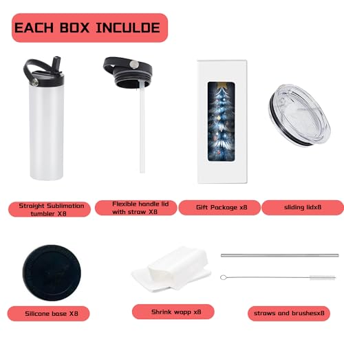 20oz Sublimation Sport Tumblers with 2 Lids - Flat Edge Stainless Steel Insulated Cups, White, 8 Pack with Flex Handle Lid