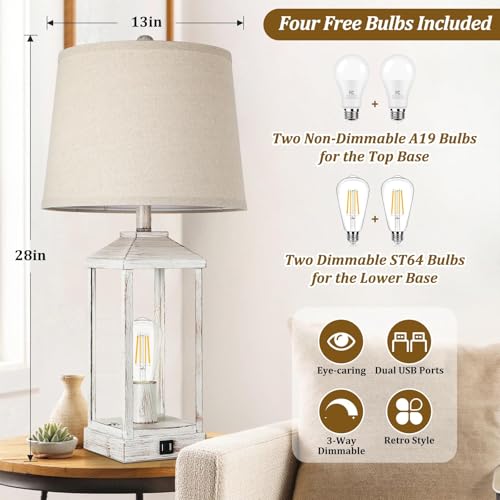 Set of 2 Farmhouse Table Lamps with USB Ports, Dimmable Nightstand Lamps for Bedroom & Living Room