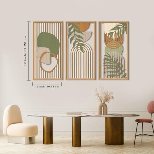 Large Boho Wall Art Set - Green Framed Abstract Leaf Wooden Decor 16x32 Inches