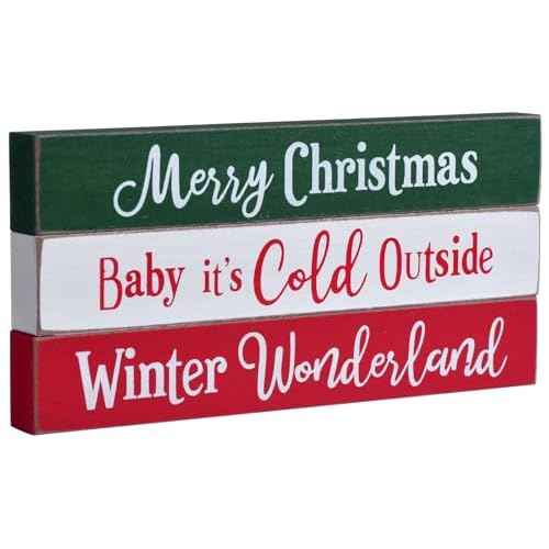Rustic Wooden Christmas Sign Blocks, 3pcs Farmhouse Decorations Indoor, Tiered Tray Decor, Xmas Centerpiece, Merry Christmas Wood Signs for Home Desk Office Bedroom Shelf (3pcs)