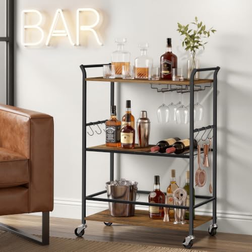 VASAGLE Rustic Brown & Matte Black Bar Cart with Wheels, Wine Rack & Glass Holder 25.4"D x 12.6"W x 33.7"H