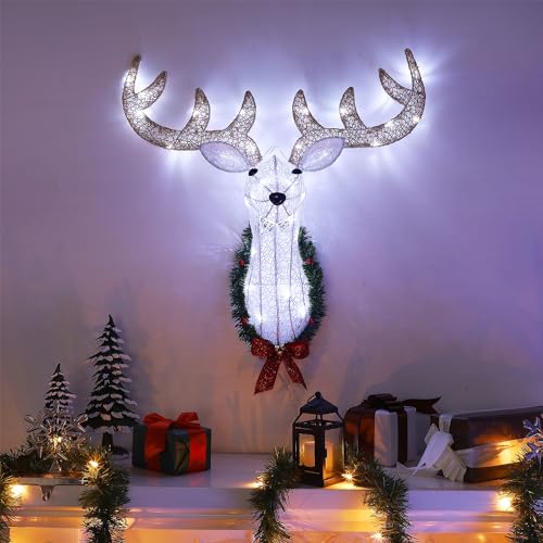 WATERGLIDE Lighted Reindeer Head Wall Decor - 28" Pre-Lit 3D Rudolph with Wreath & Timer