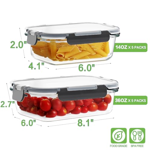 Black HOMBERKING 10-Pack Glass Meal Prep Containers with Locking Lids, 36oz & 14oz