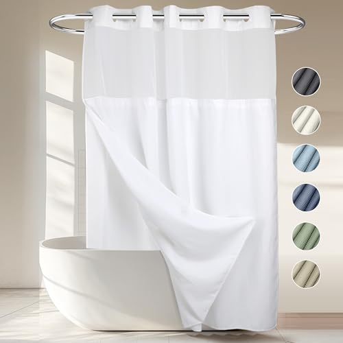 RiverDream White Heavyweight Waffle Shower Curtain with Liner 71x74 - No Hook, Split Rings