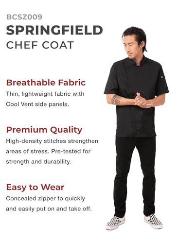 Chef Works Men's Springfield Chef Coat Black Large Uniform Kitchen Workwear