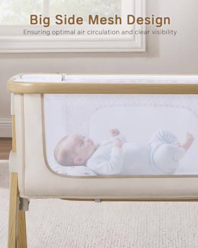 Baby Bassinet - Adjustable Bedside Sleeper with Mesh & Storage, Beige